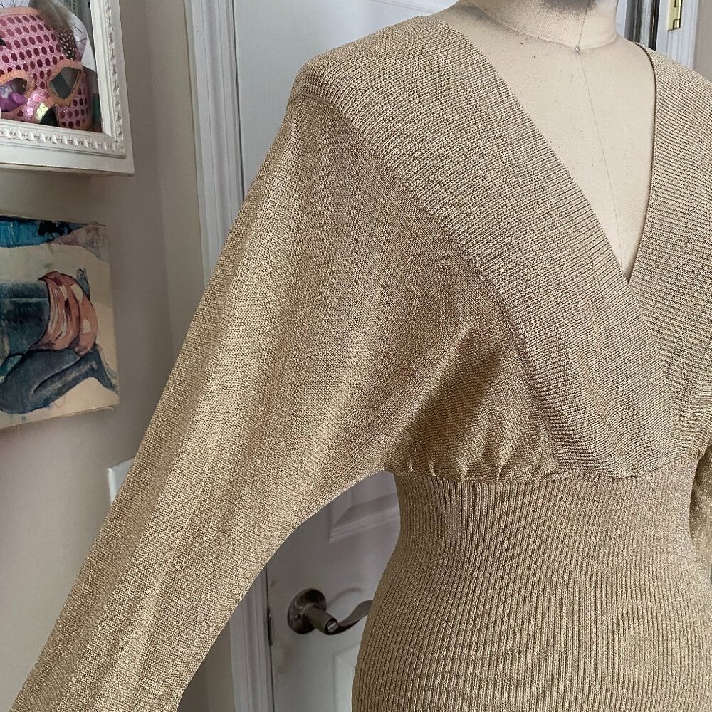 VICTORIA'S SECRET Gold metallic Stretch Knit mock wrap Y2K Dolman Shirt X-SMALL - Picture 2 of 6